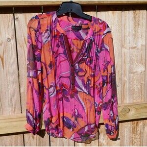 HALE BOB Silk Tunic Blouse Pink Boho Floral Roll Tab Long Sleeves Size XS